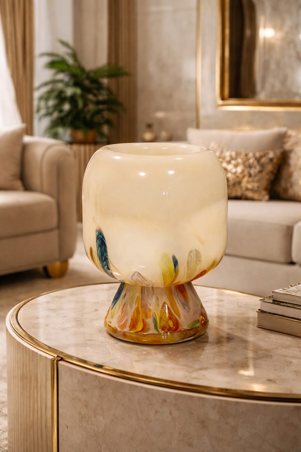 Yellow vase with a colorful base