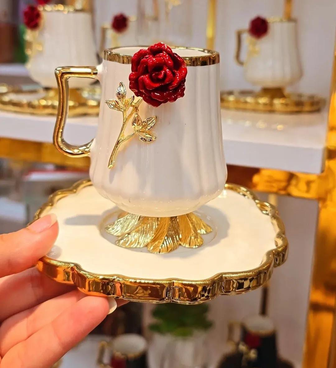 Coffee cups white & flower red - Image 3