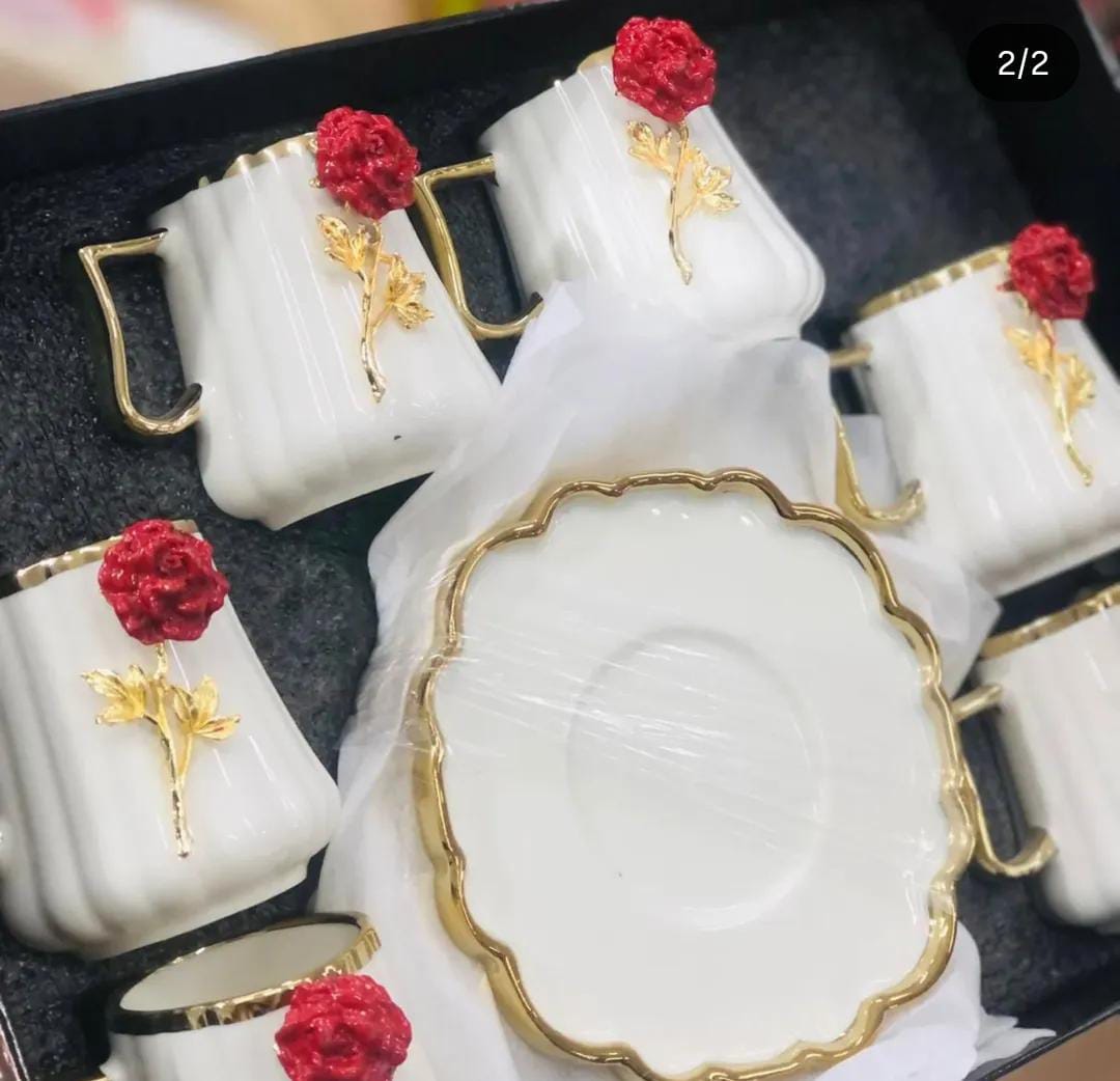 Coffee cups white & flower red - Image 2