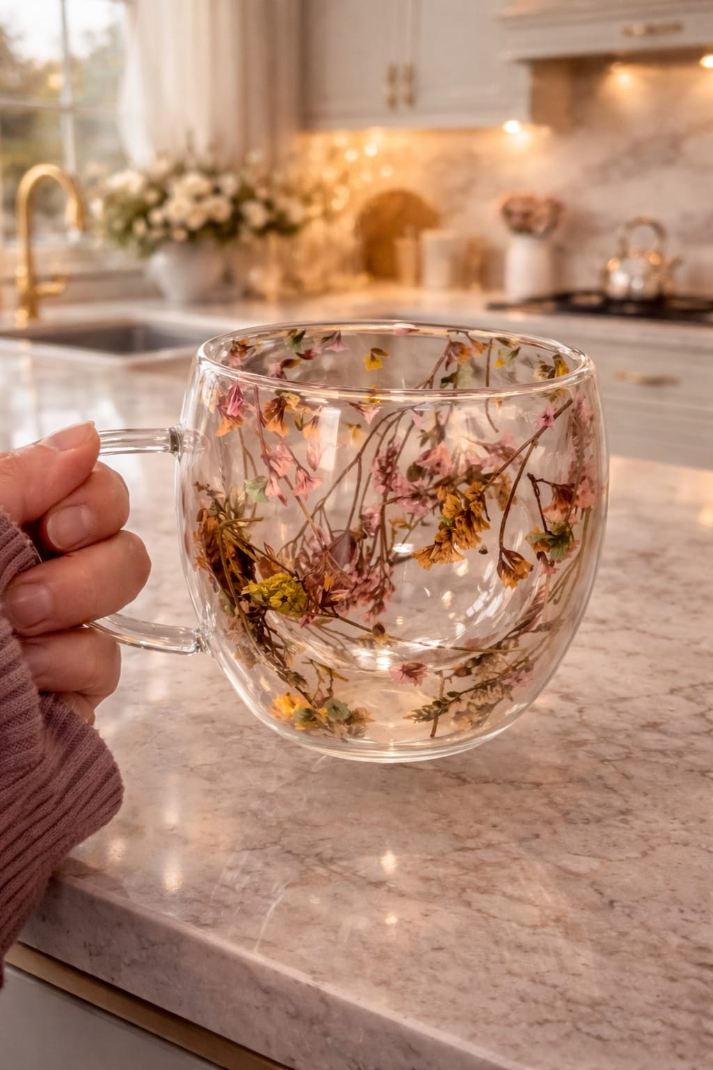 Glass mug with flowers