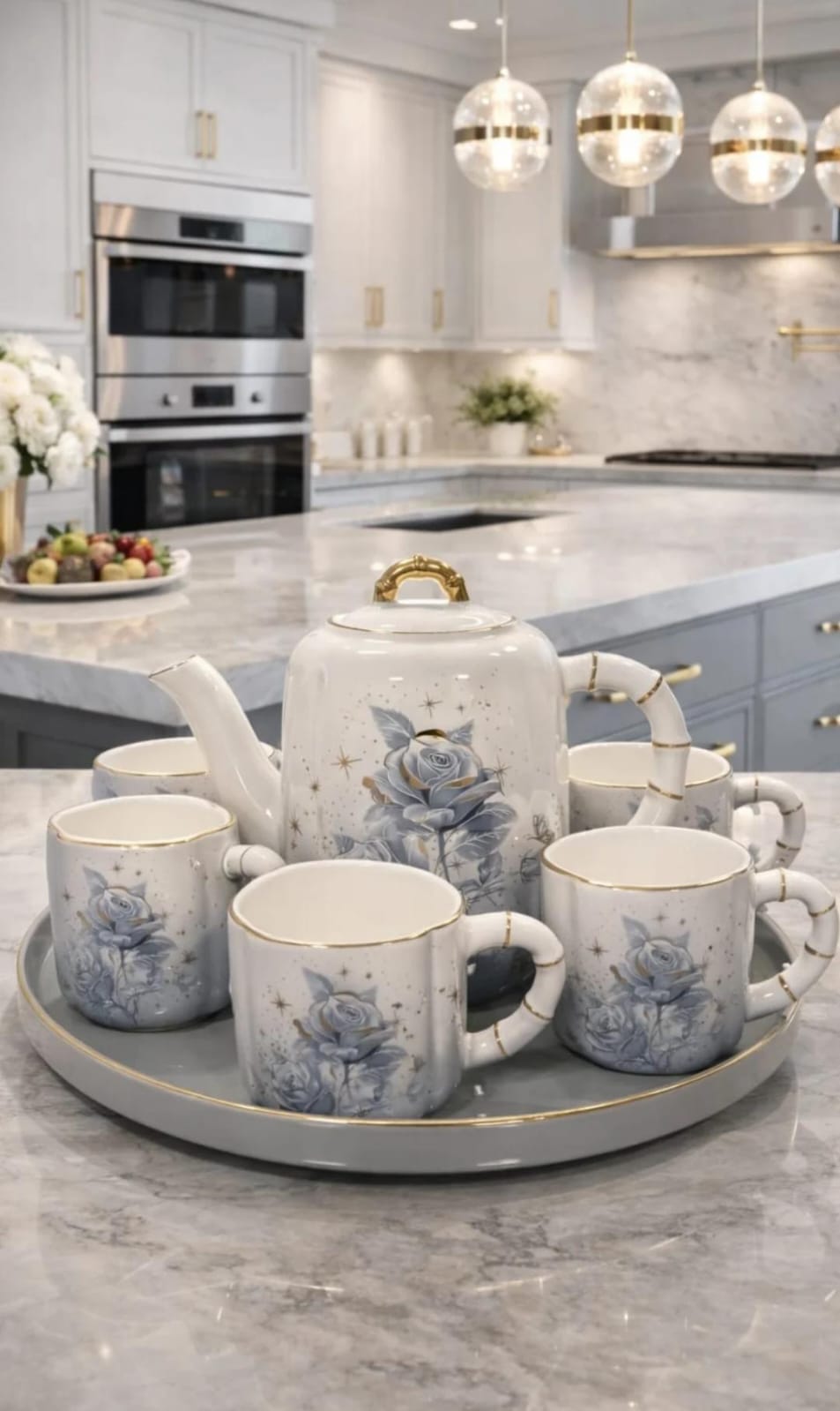 Tea Set white & flowers grey