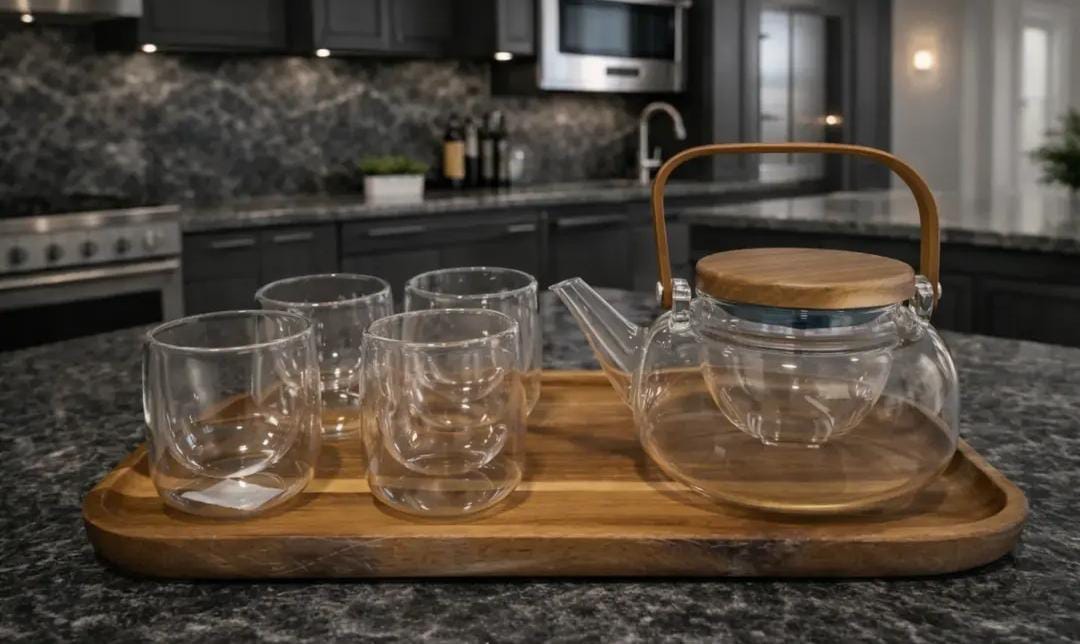Glass teapot set with wooden details
