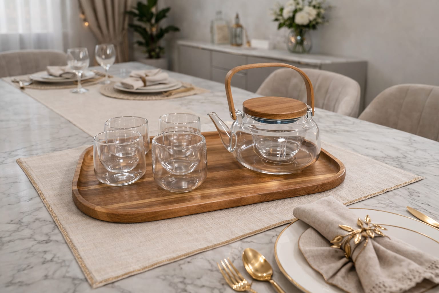 Glass teapot set with wooden details - Image 3