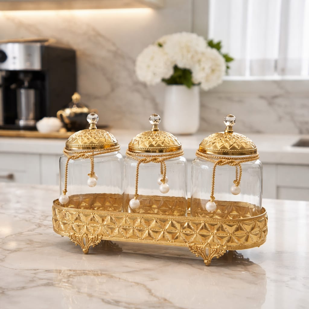 Glass jars with gold lids and base