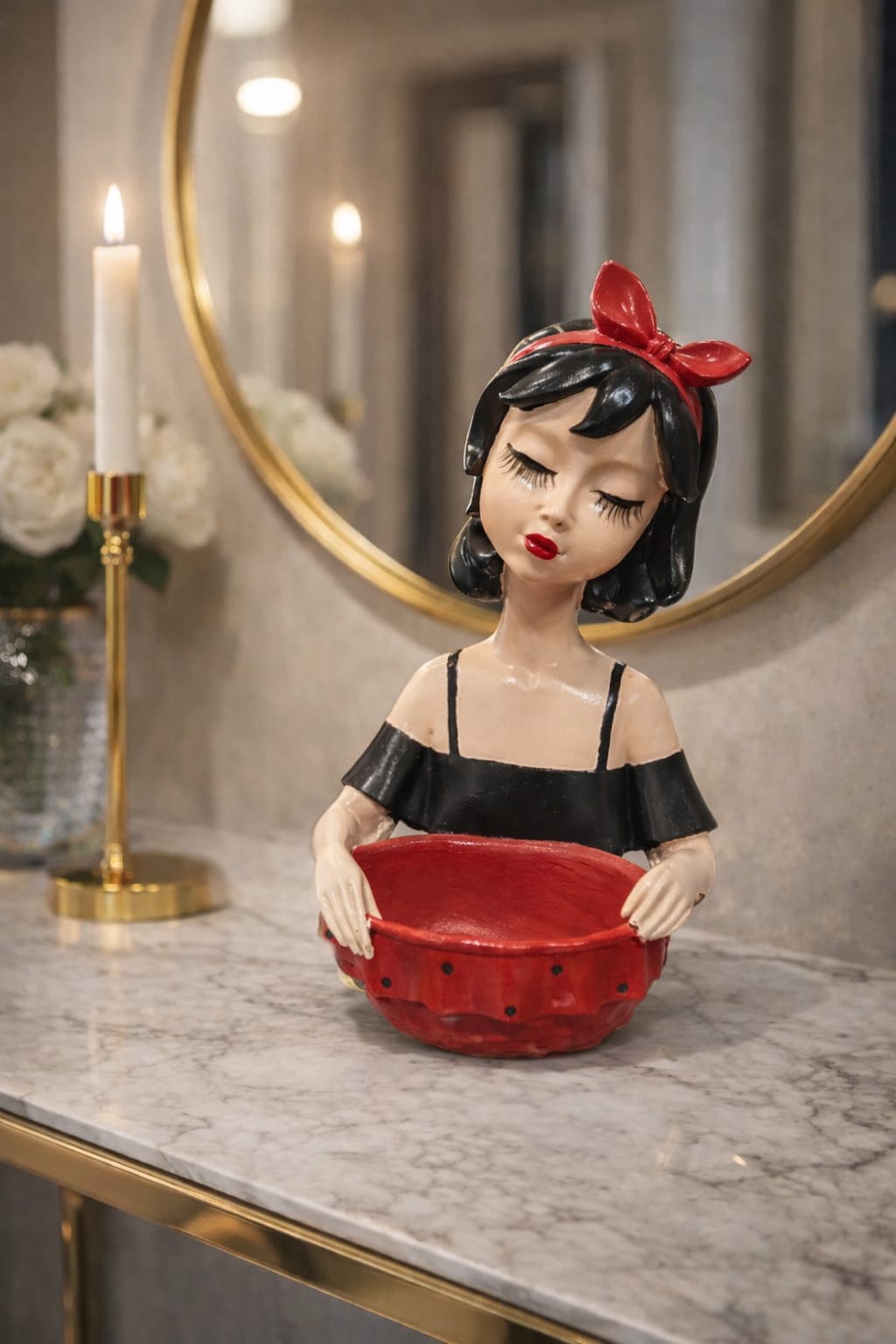 Black figurine holding a red plate