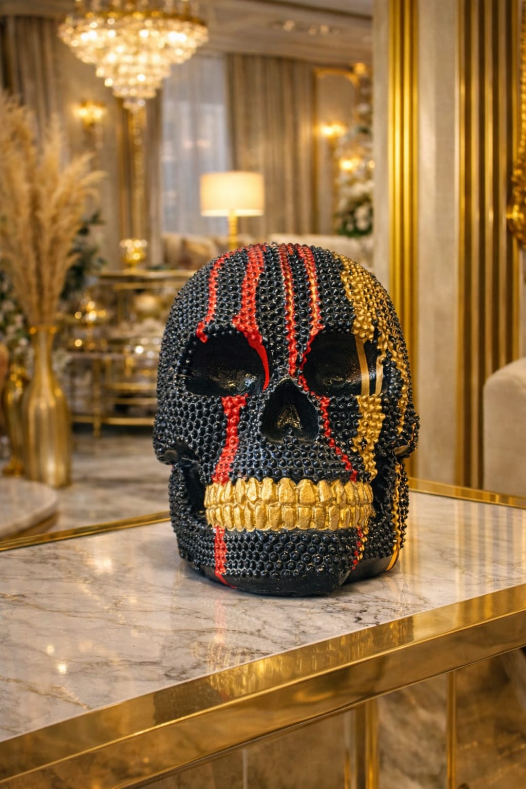 Black skull figurine with colorful accents