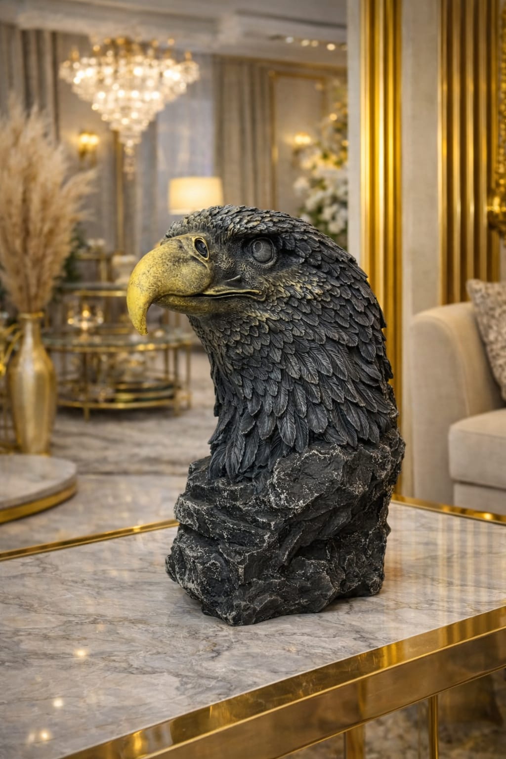 An eagle face sculpture