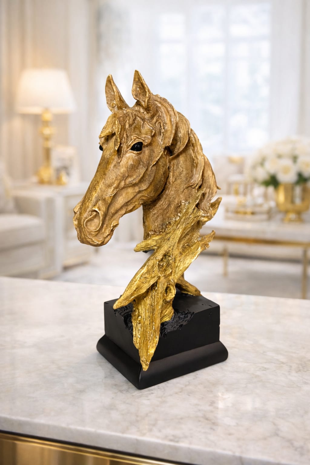 A brown horse face sculpture with a black base