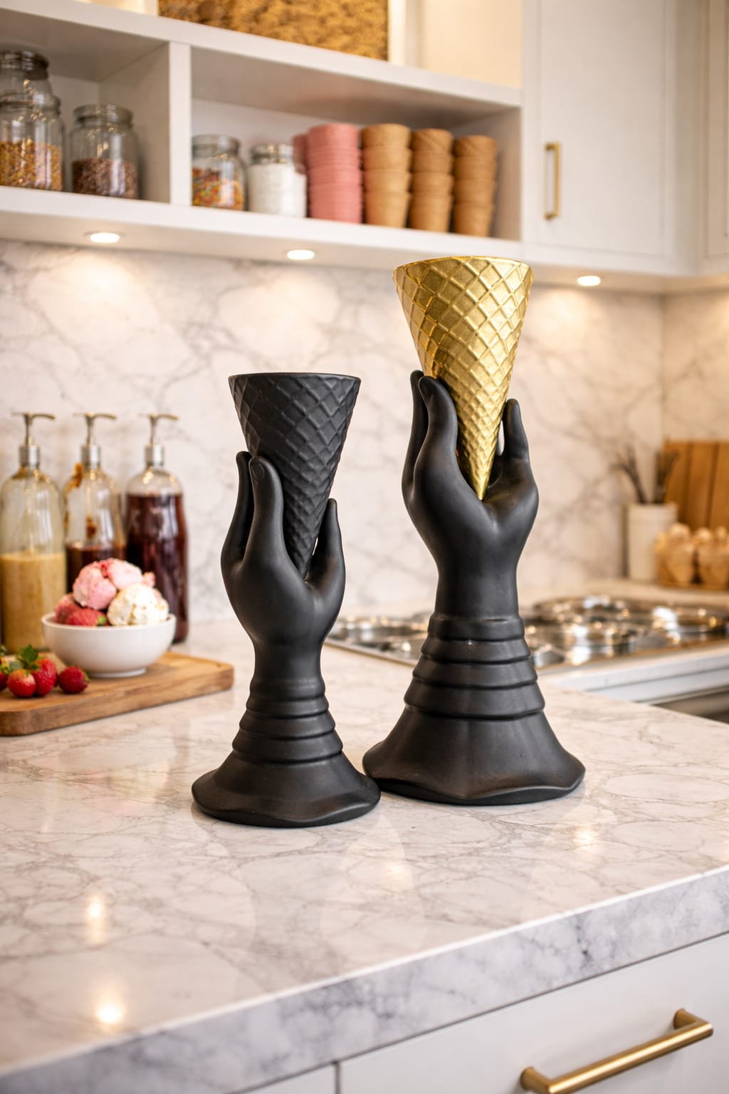 A black hand sculpture holding a gold ice cream cone