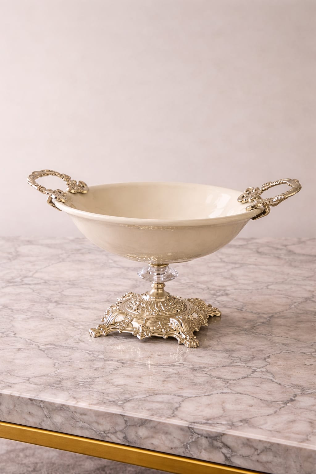 Decorative Ceramic Bowl with Silver Handles and Pedestal Base