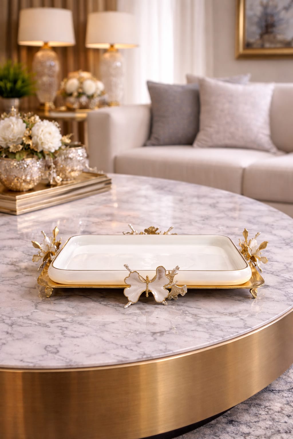 White plate with gold stand square