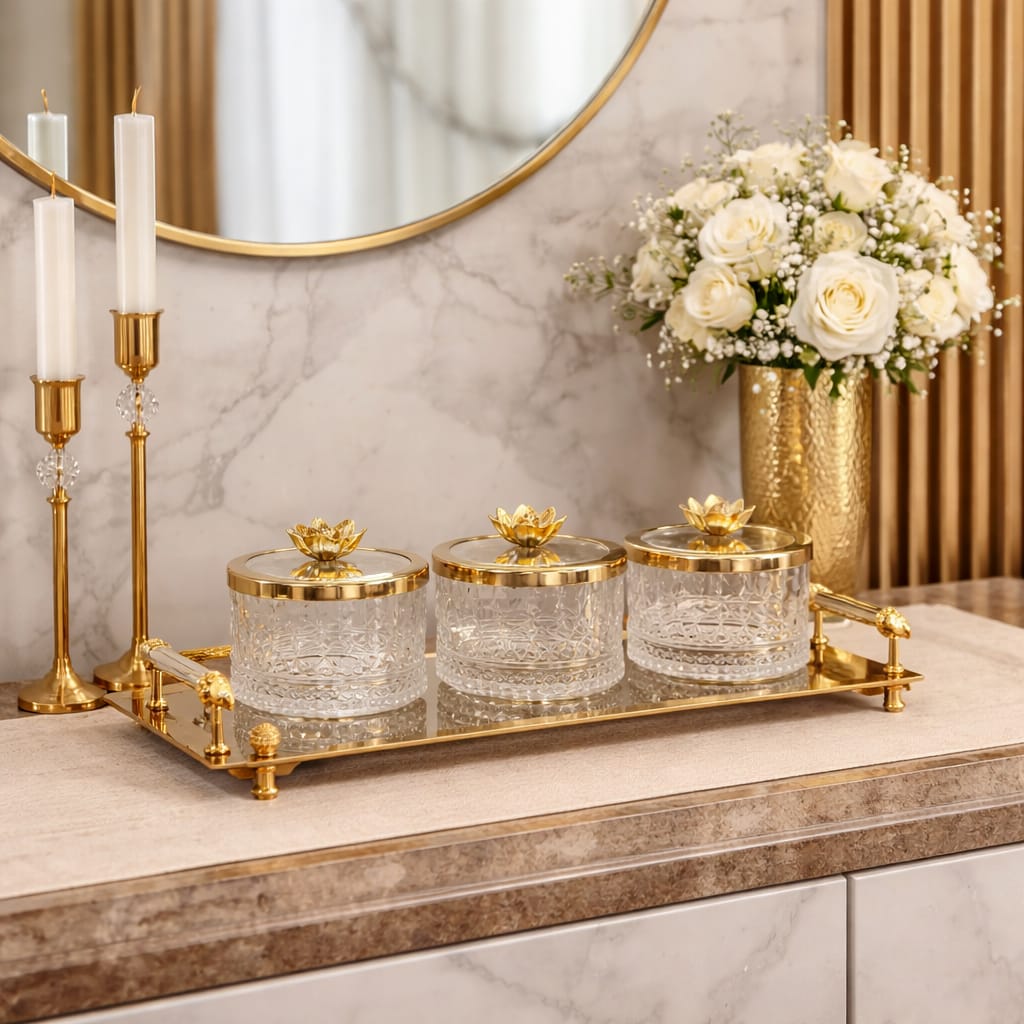 3 bowls glass with tray gold