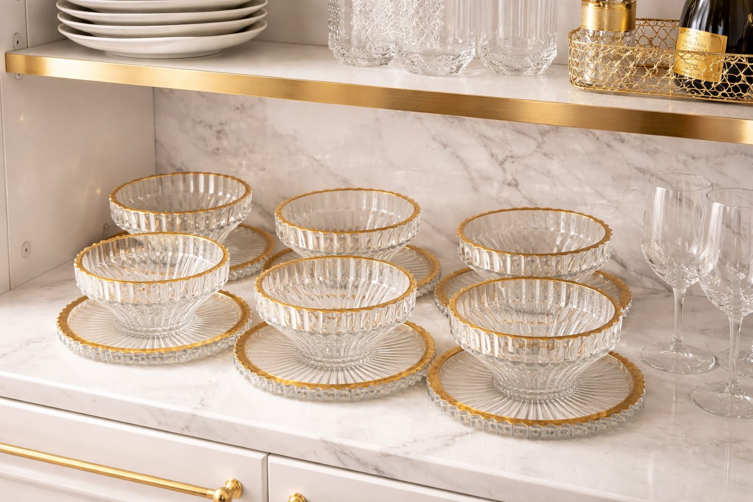 Set of 6 glass and gold jars with plates