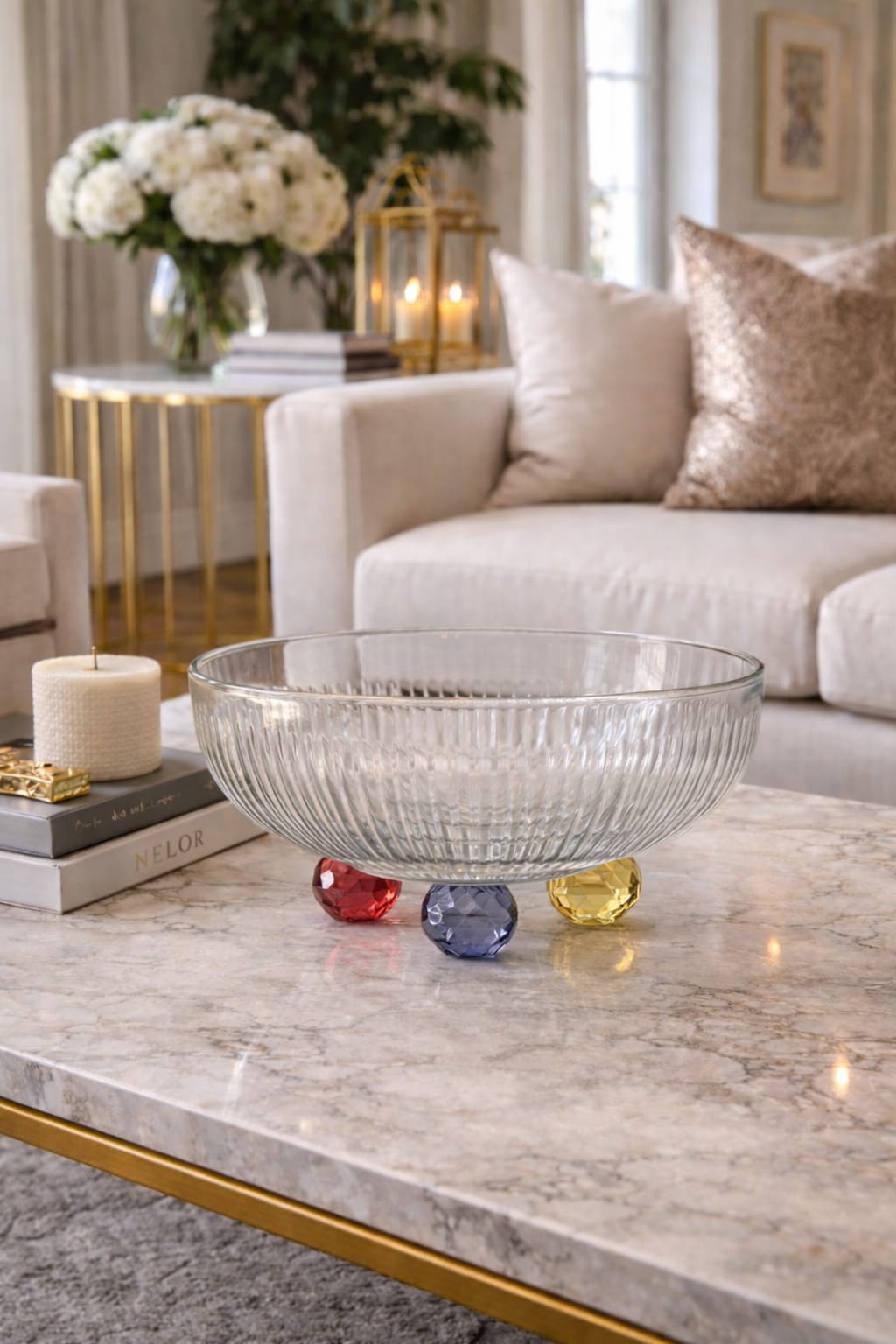 Elegant glass bowl with colorful legs,