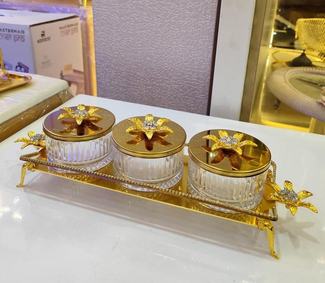 3 Bowls glass with golden tray