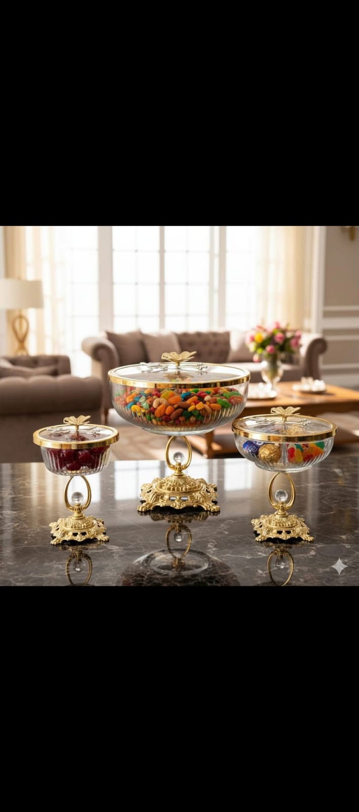 Set of 3 glass bowls with base gold