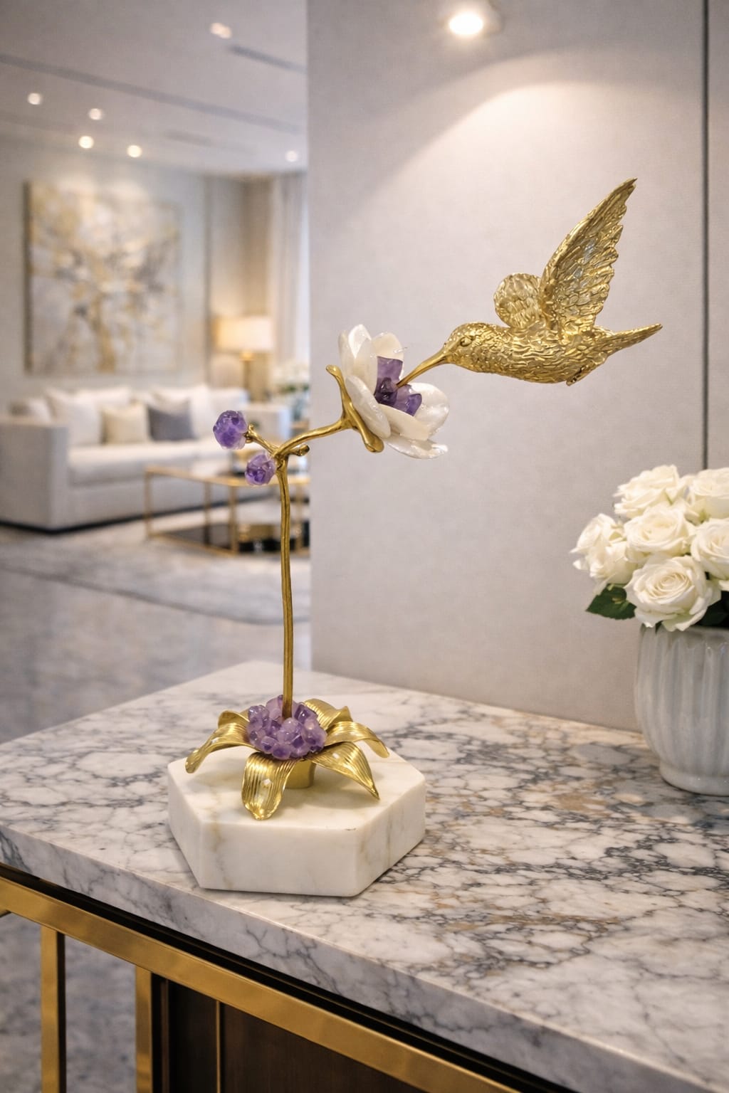 Elegant decorative flowers on a marble base with a flying bird