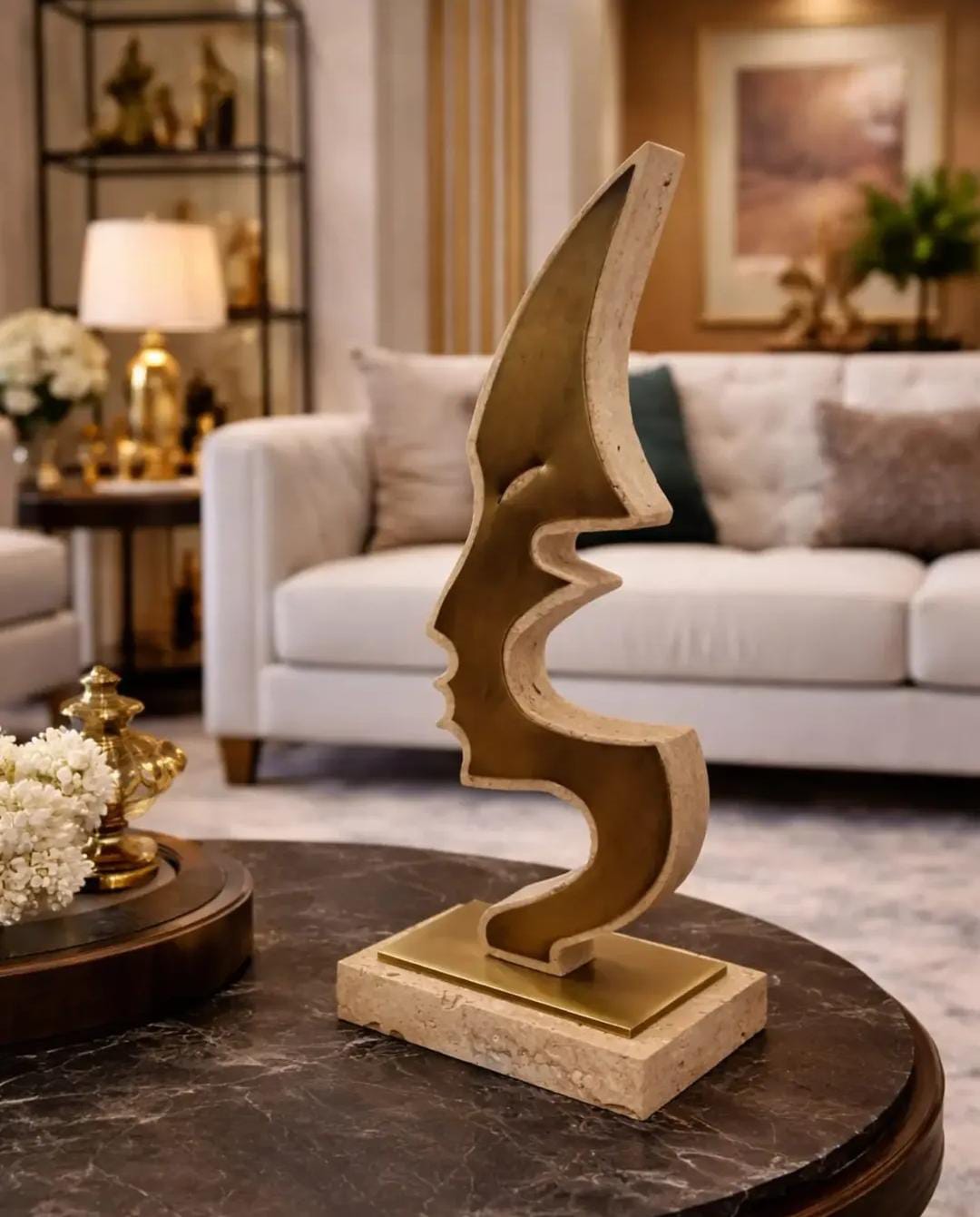 Face girl bronze and travertine