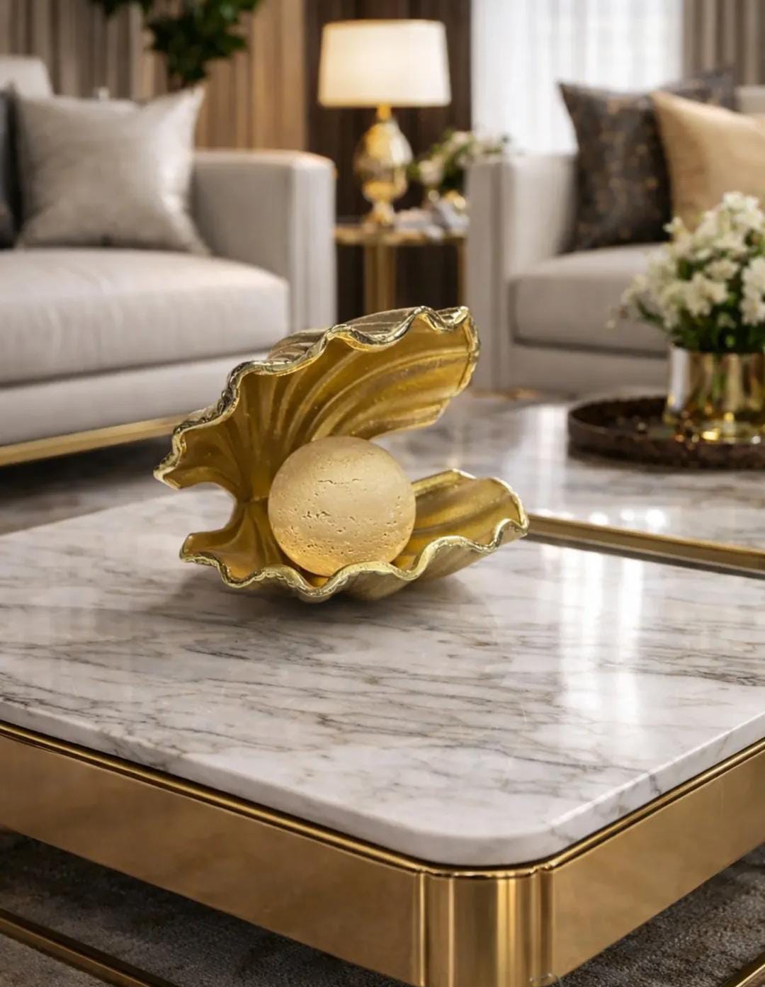Gold shell decor with a travertine ball
