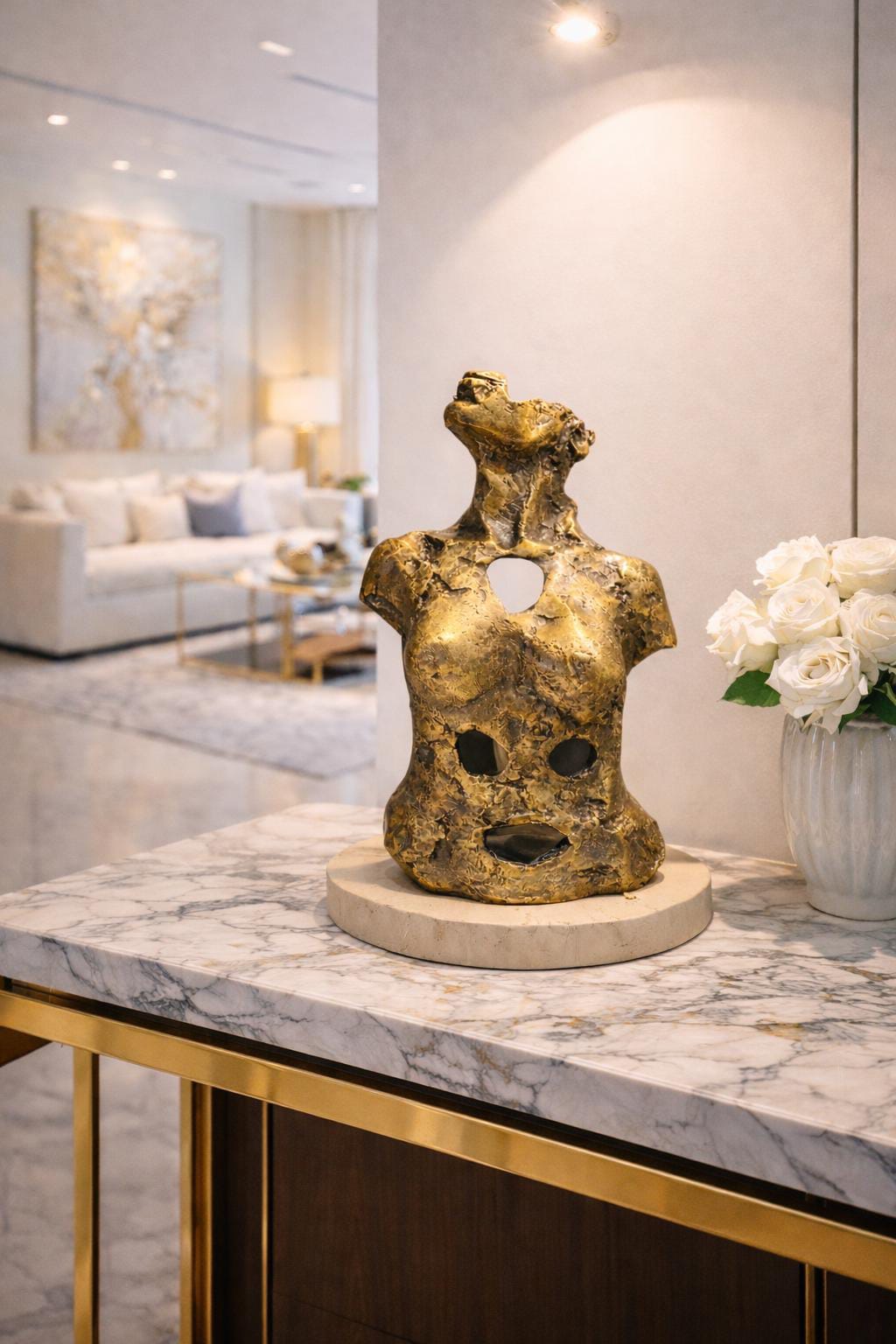 A decorative sculpture depicting a stylized female torso with cut out details