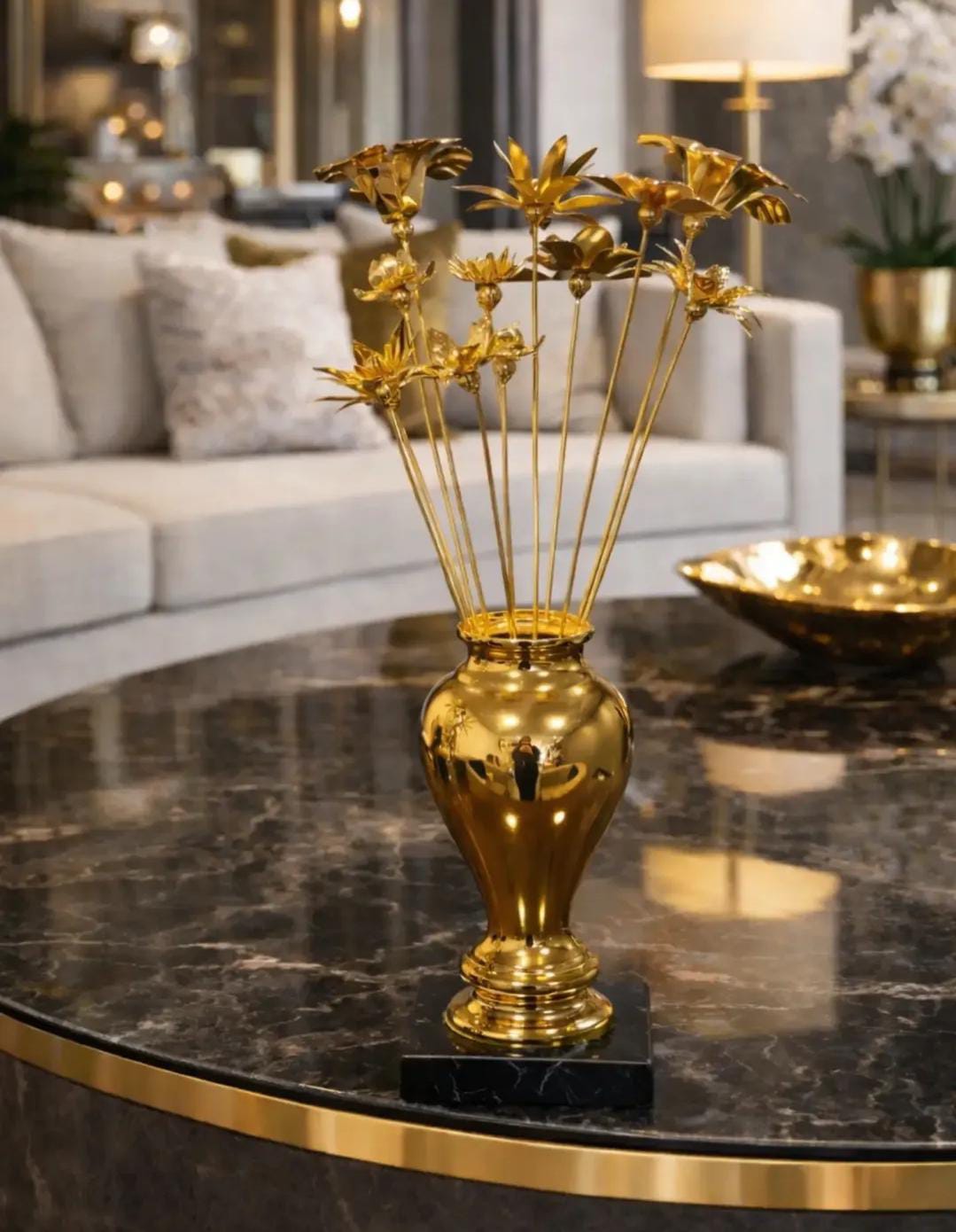Gold Flower Vase with Black Marble Base