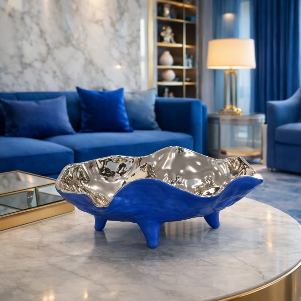 A rectangular blue bowl with a silver center