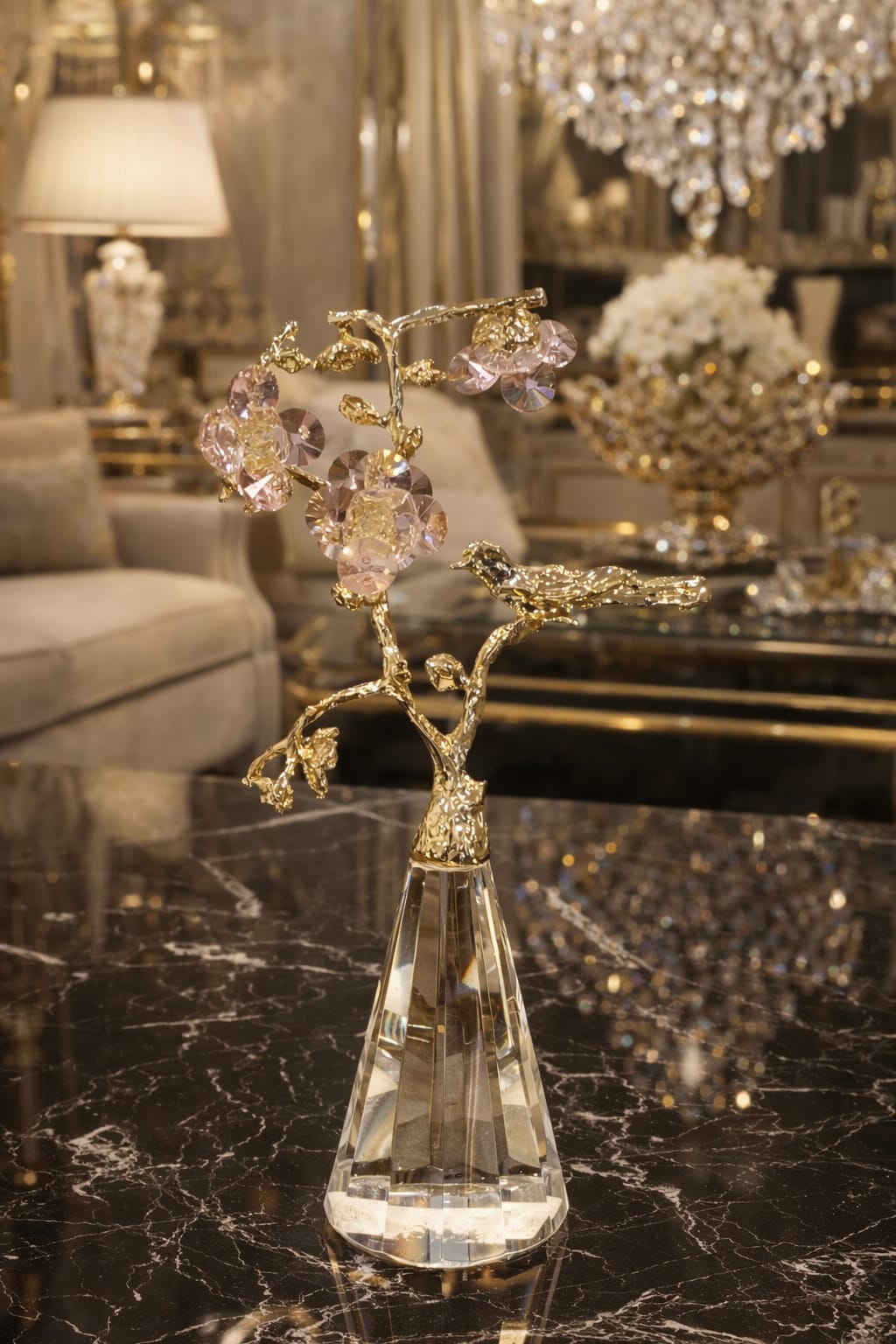 Bird & flowers on base crystal