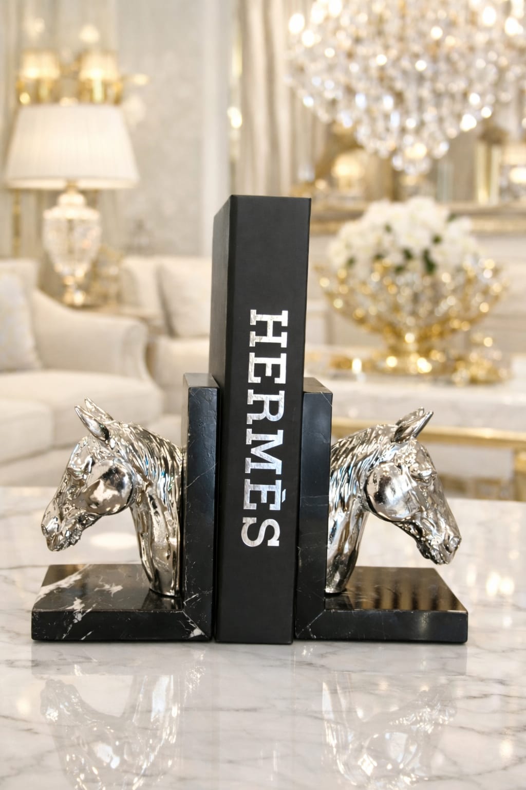 Set of 2 silver horse on black marble base