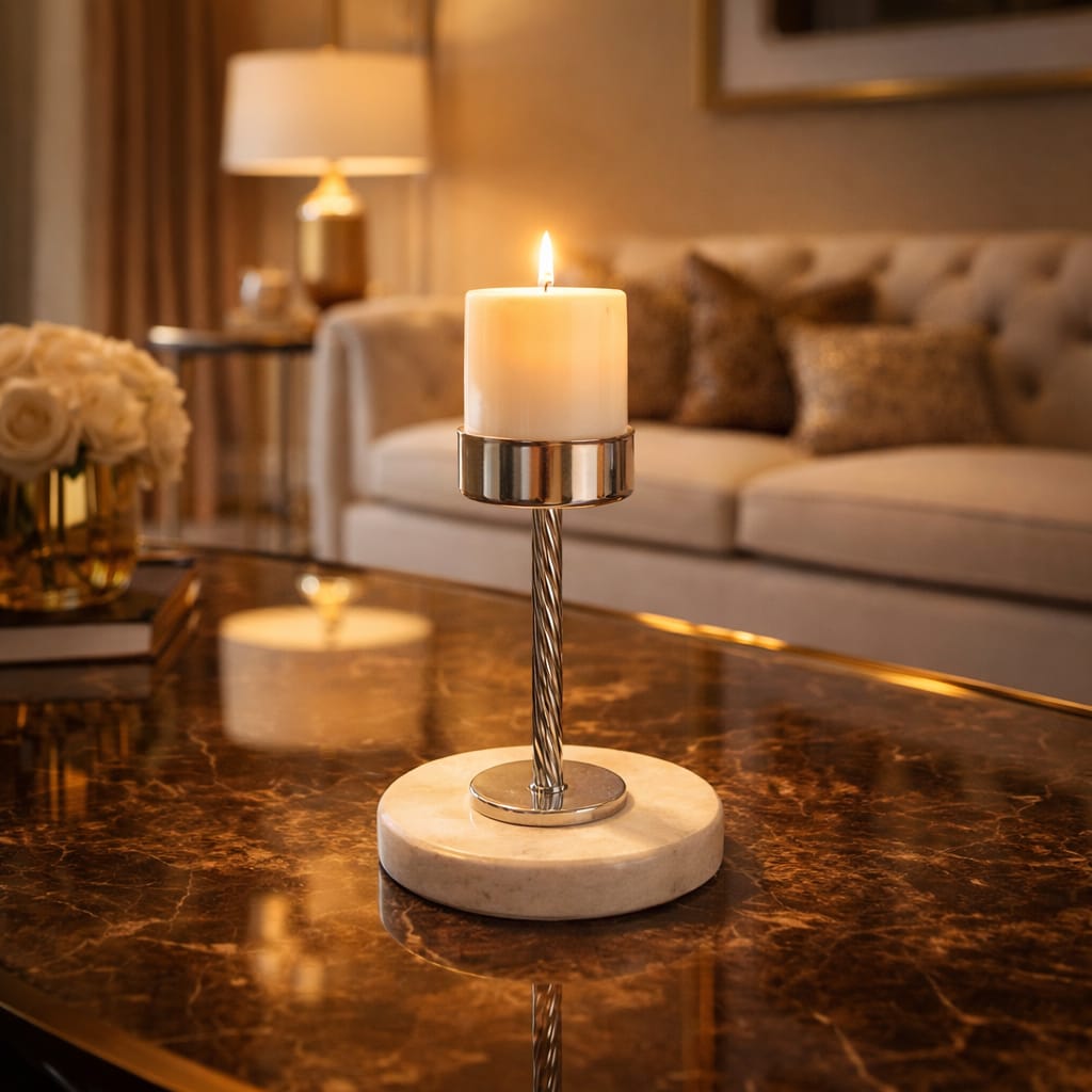 Candle holder silver on white marble base