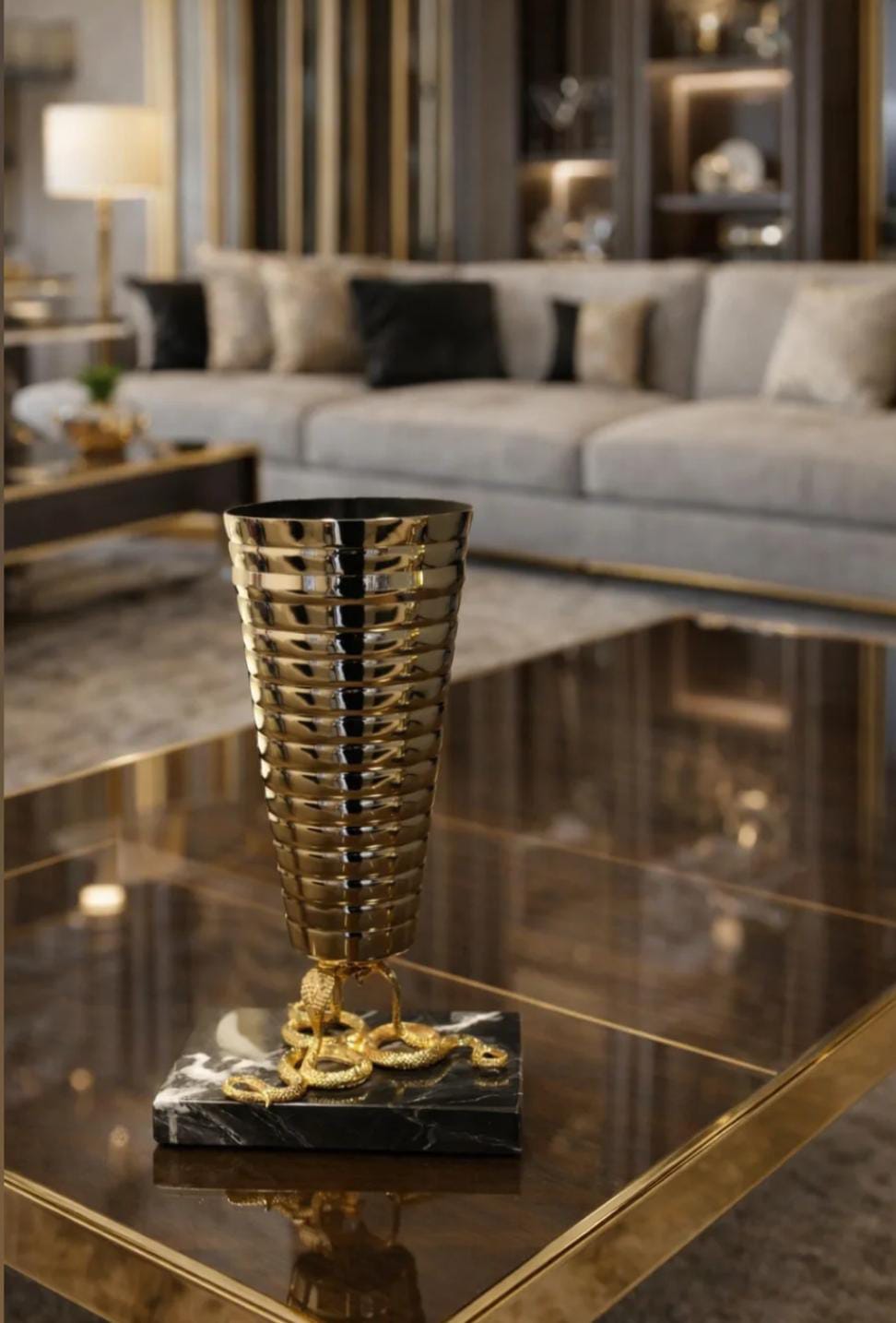 Snake vase gold with base marble black