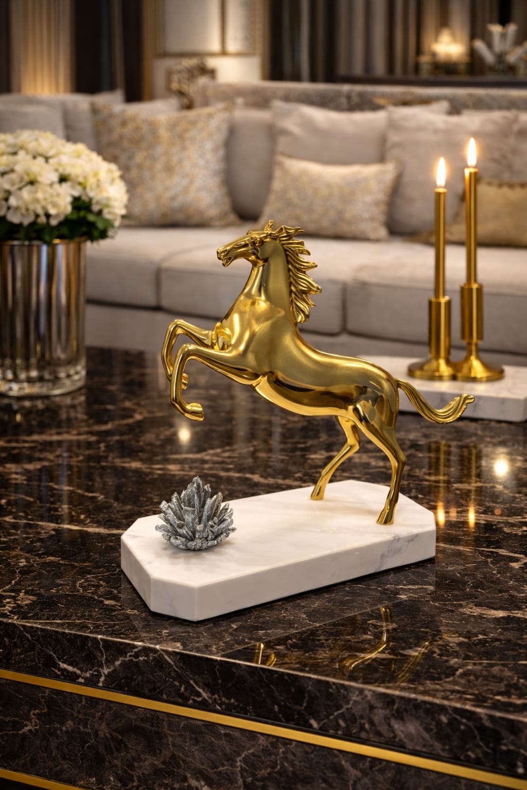 Horse gold on white marble base