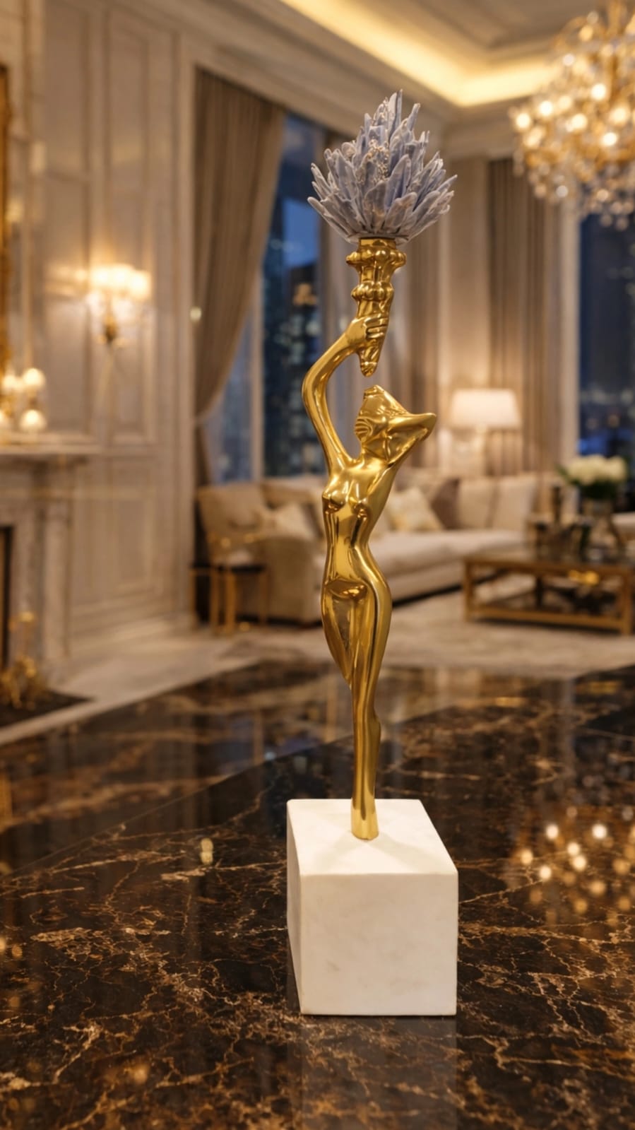 Golden girl status holding a flower