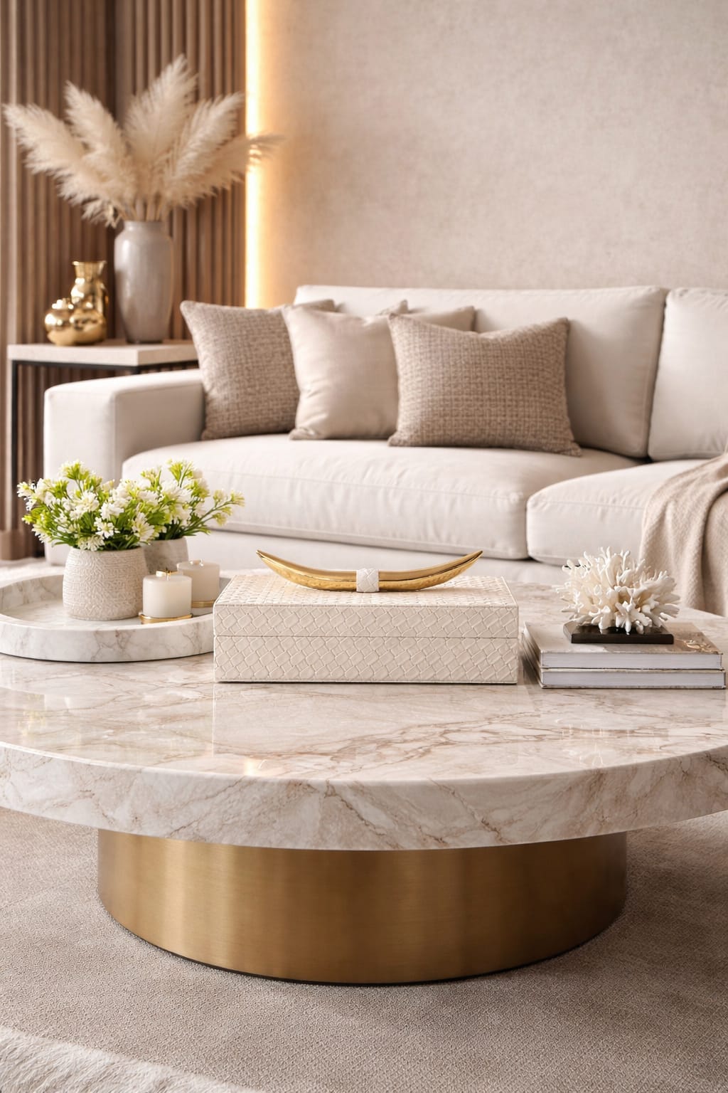 A decorative storage box, which features a textured ivory finish and a distinctive gold-tone horn-shaped handle