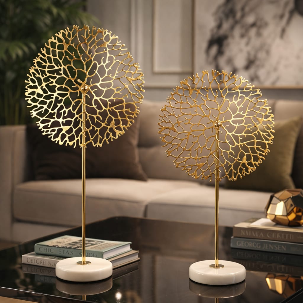 Decorative gold-colored metal like a tree with a marble base
