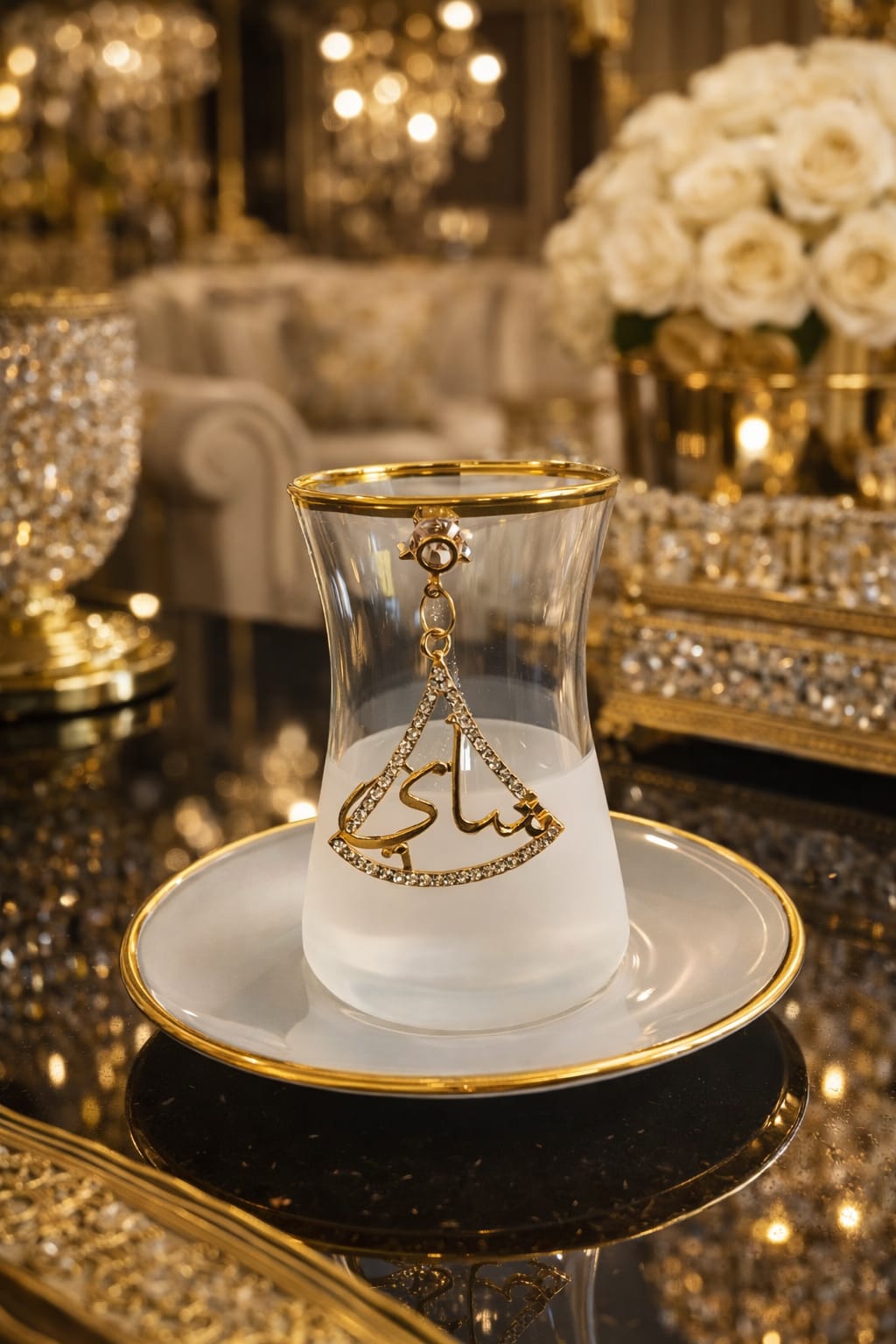 Decorative Turkish tea glass and saucer set featuring Arabic calligraphy-set of 6