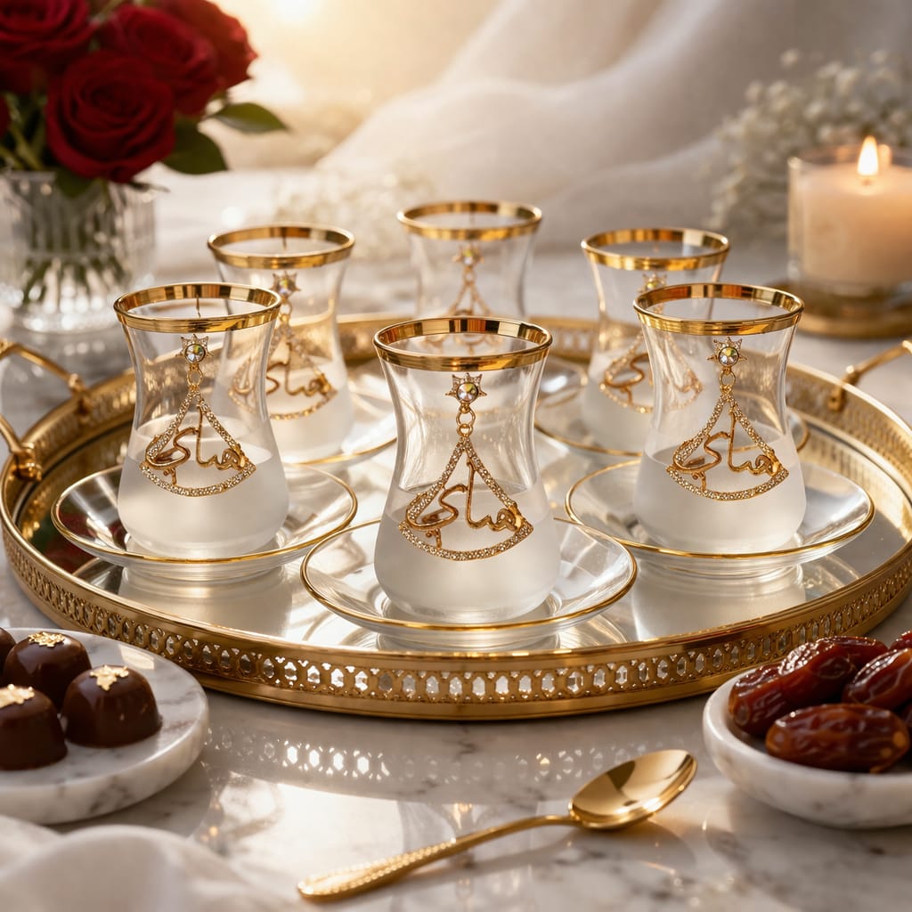 Decorative Turkish tea glass and saucer set featuring Arabic calligraphy-set of 6 - Image 7