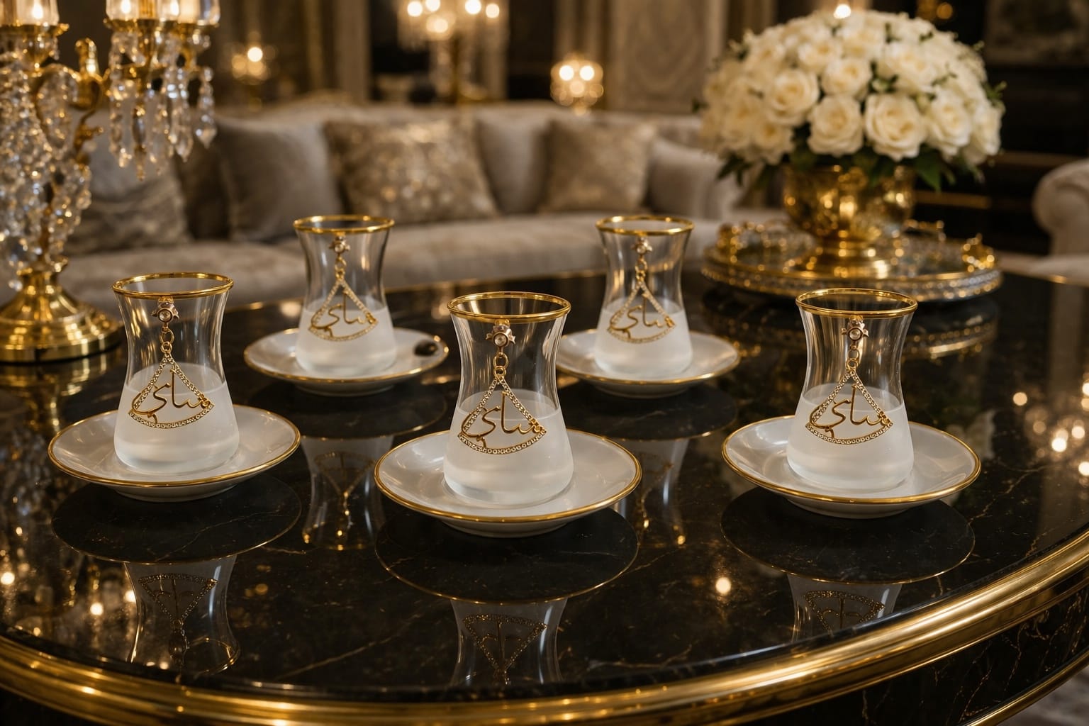 Decorative Turkish tea glass and saucer set featuring Arabic calligraphy-set of 6 - Image 6