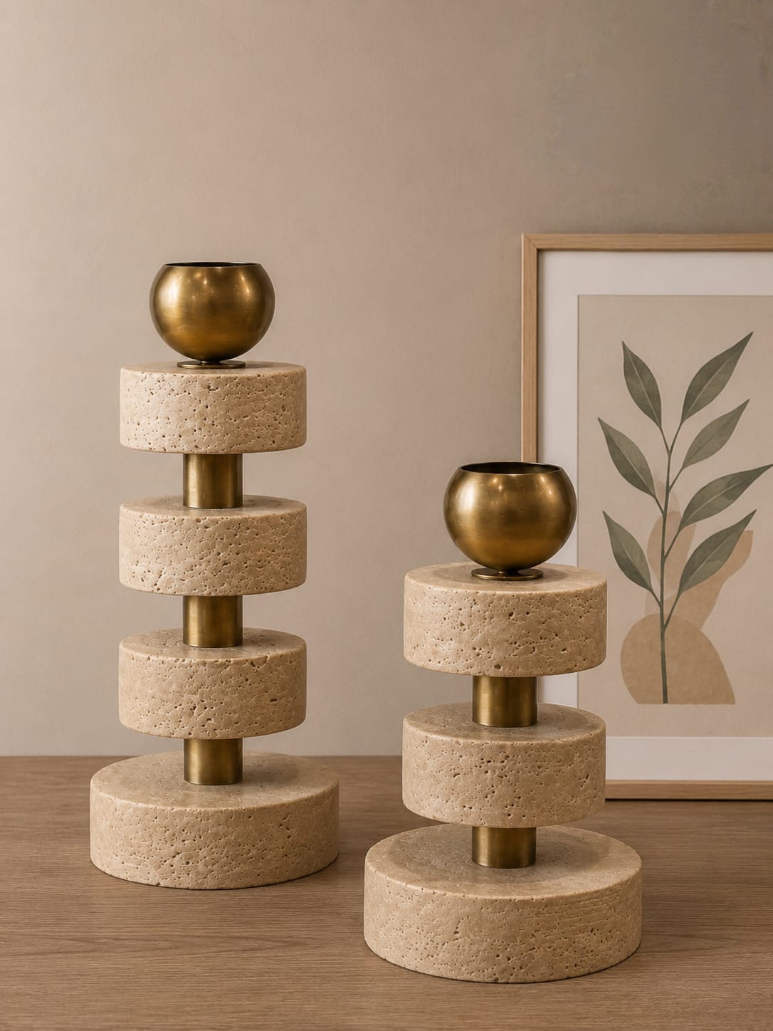 Pair of travertine cylinder candle holders