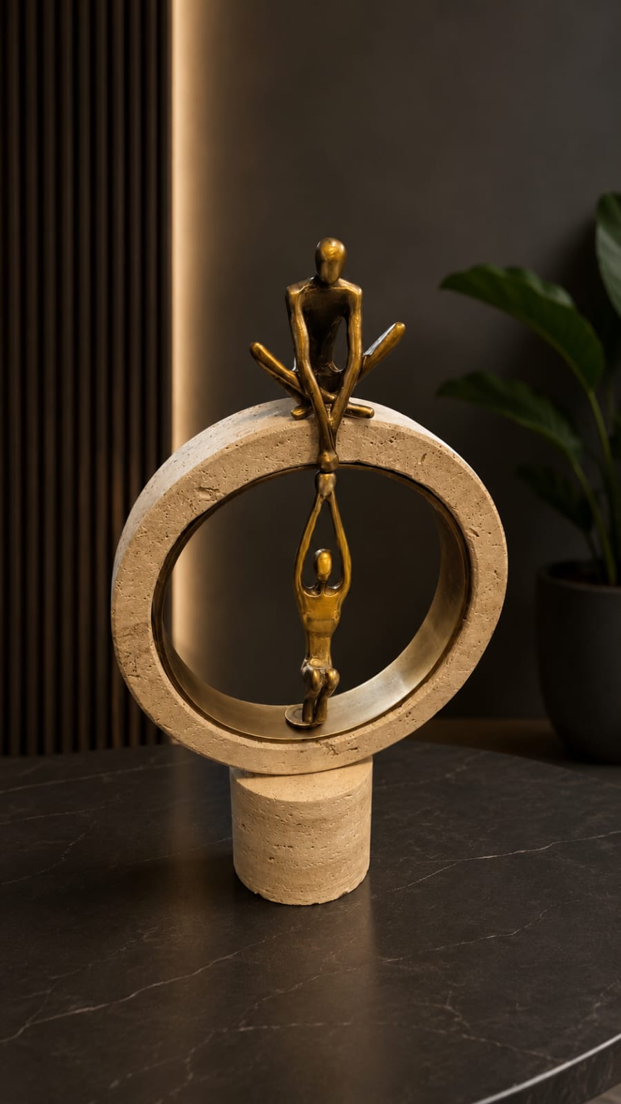 Decorative sculpture featuring bronze figures on travertine stone base - Image 2