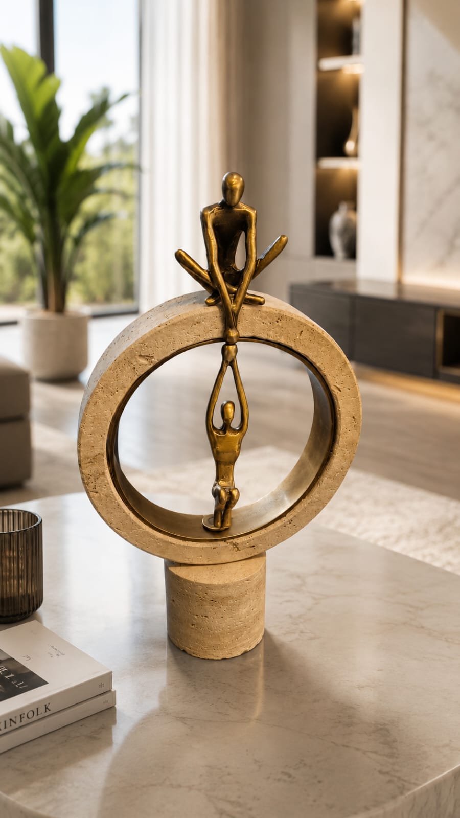 Decorative sculpture featuring bronze figures on travertine stone base