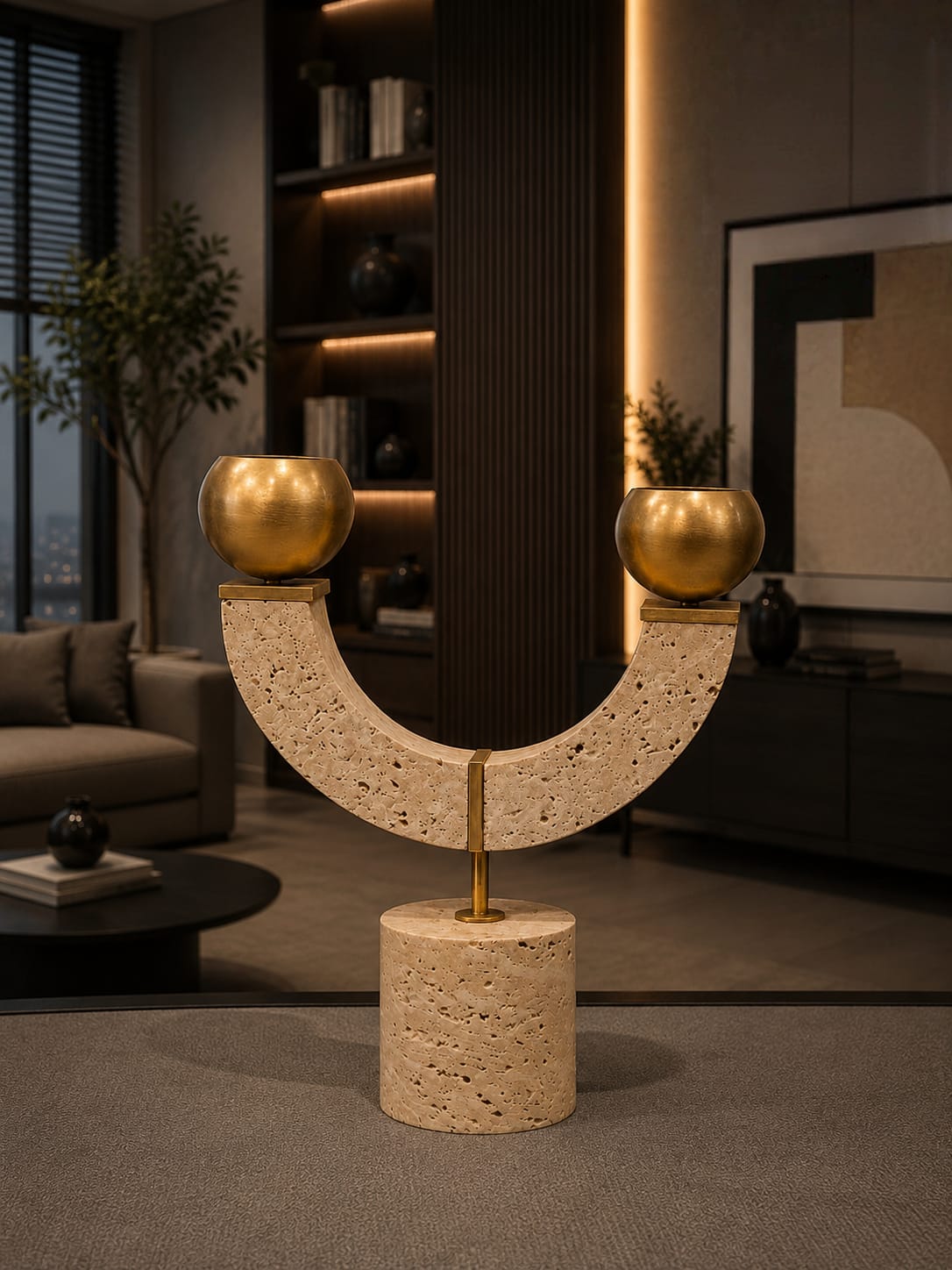Travertine stone -candle holder with a gold metal accents