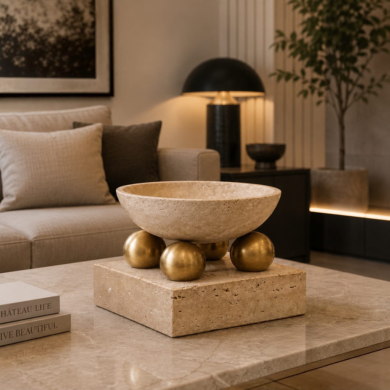 Travertine stone bowl with a gold-toned sphere base