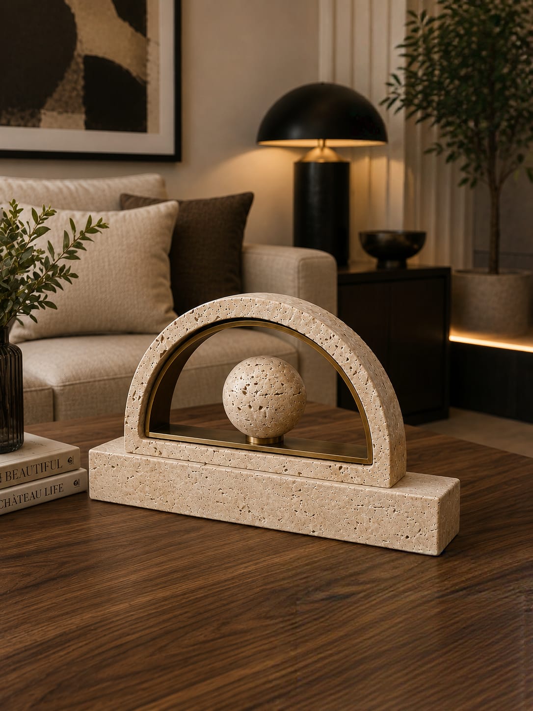 Travertine and brass sculptural table decorative object