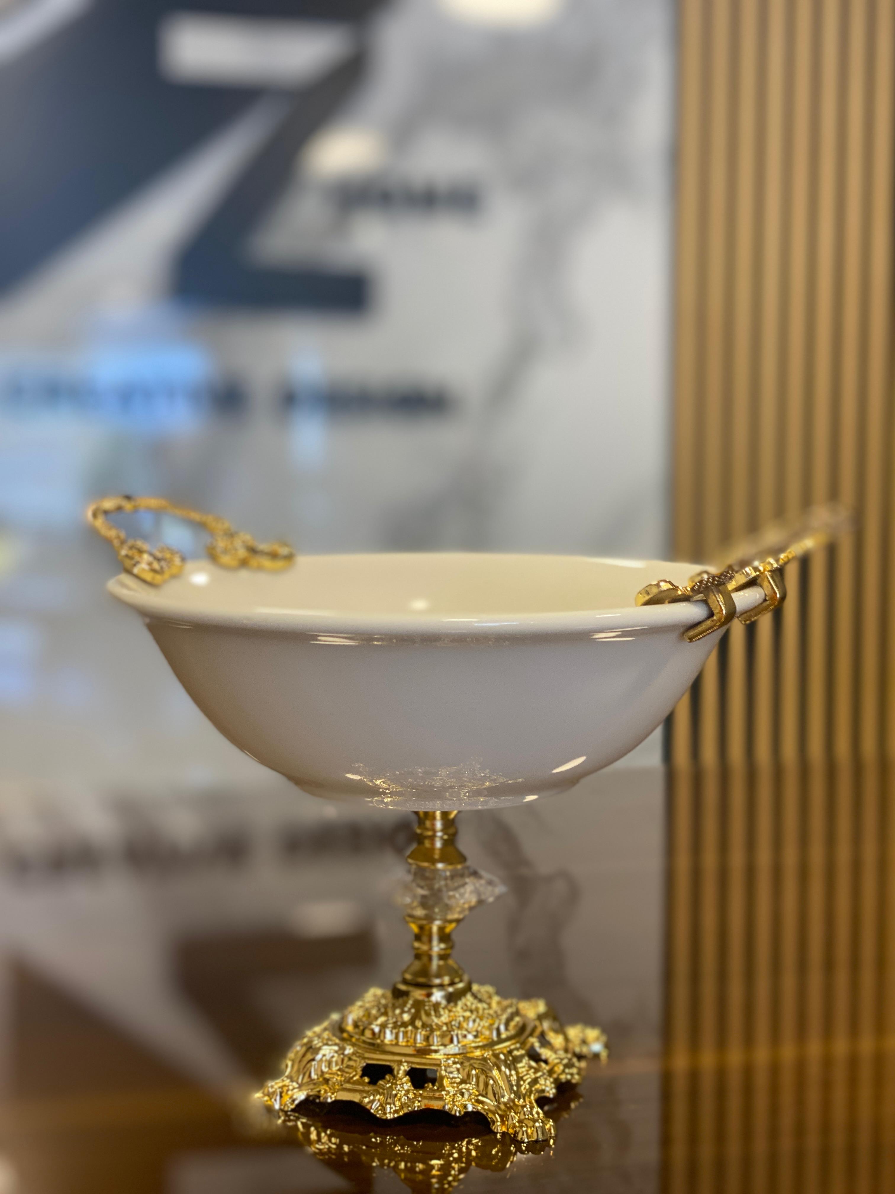 Decorative Ceramic Bowl with Gold Handles and Pedestal Base
