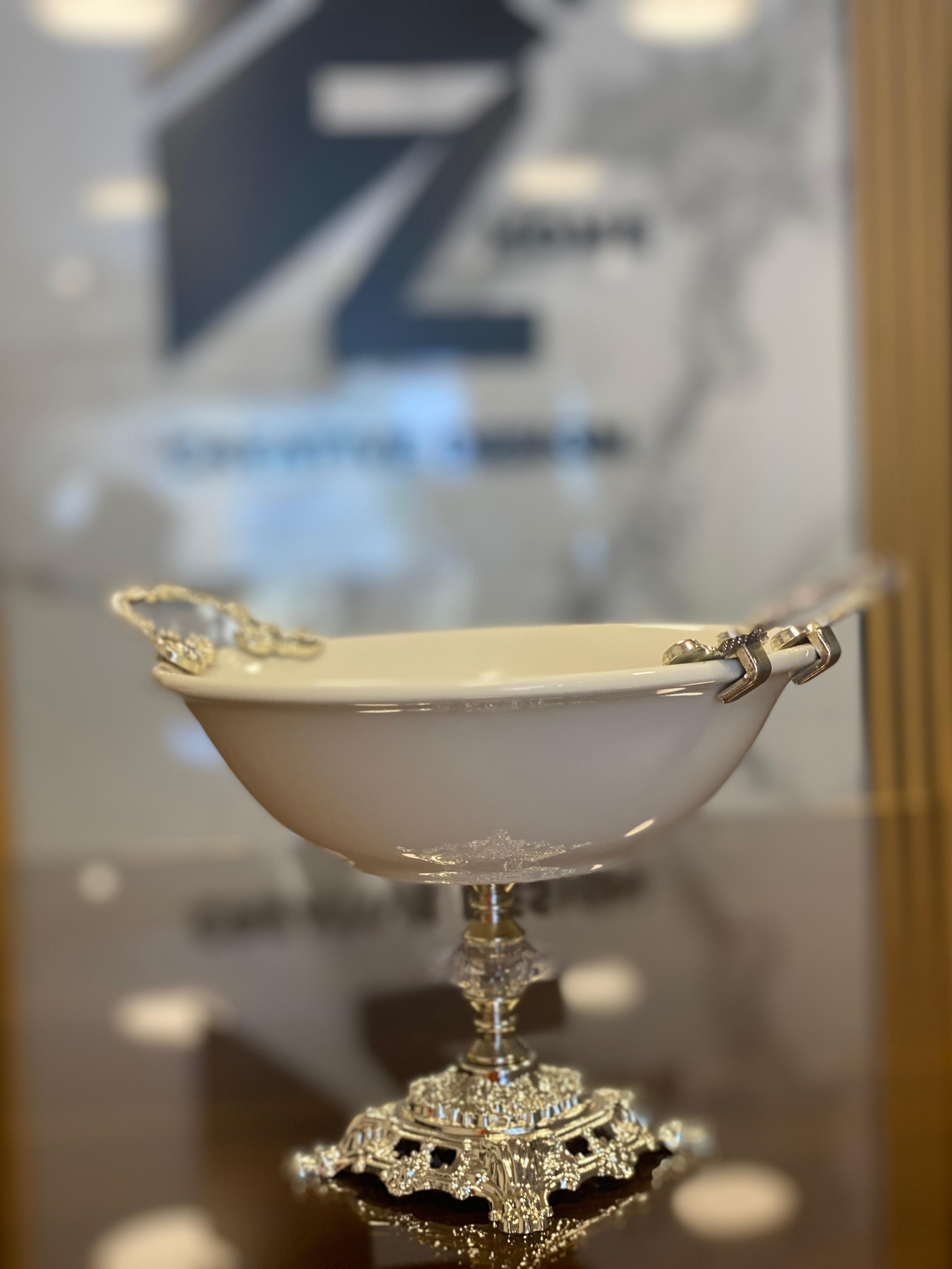 Decorative Ceramic Bowl with Silver Handles and Pedestal Base