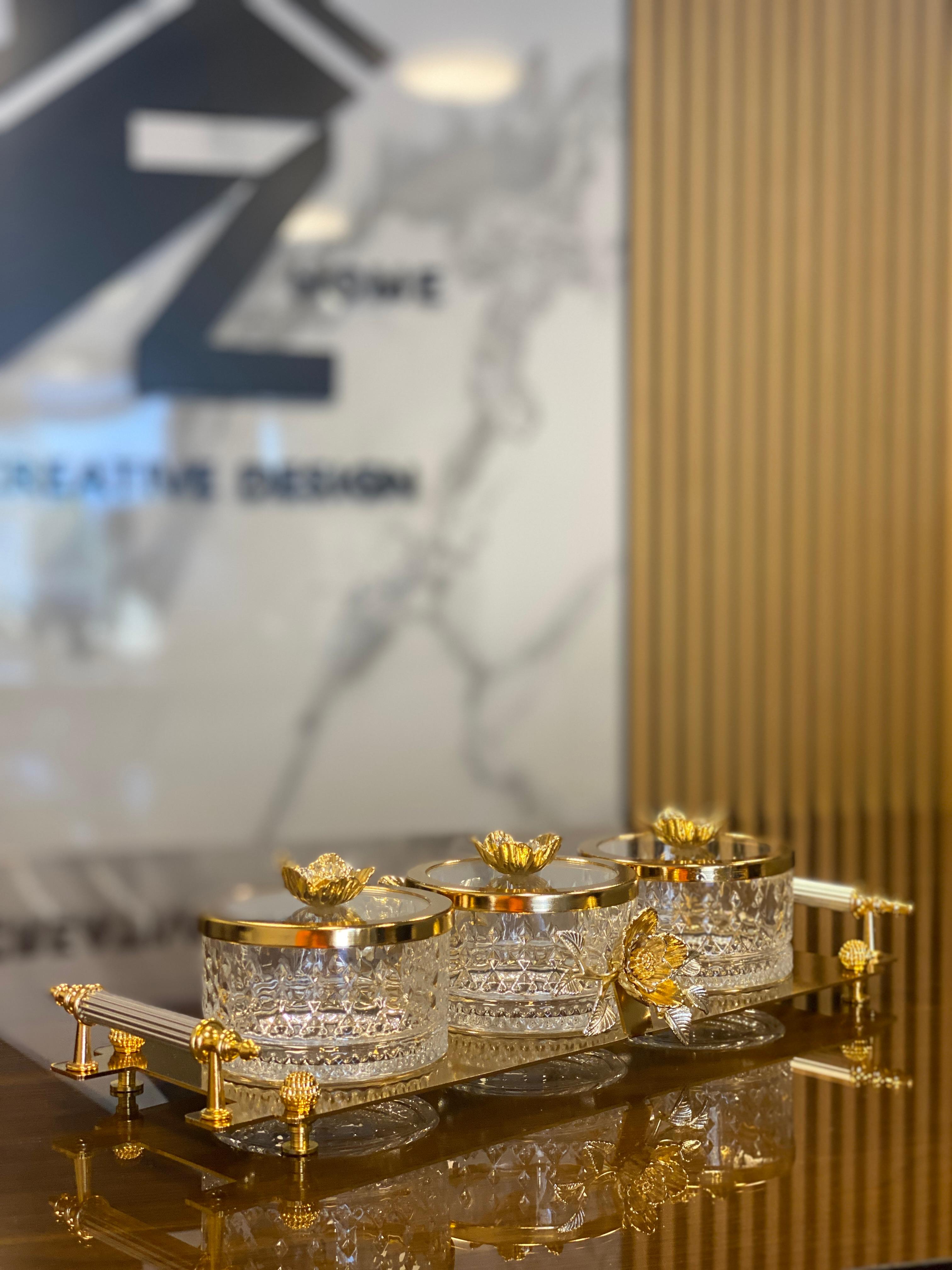 Set of 3 Glass Spice Jars with Gold Lids and Tray